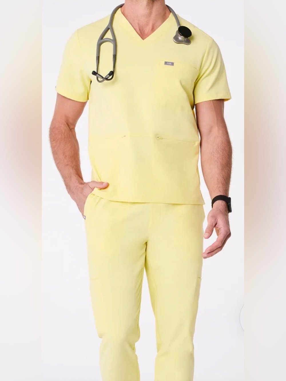 Figs Men’s Butter Yellow Leon Three-Pocket Scrub Top, Tansen Jogger Scrub Pants - Picture 3 of 3